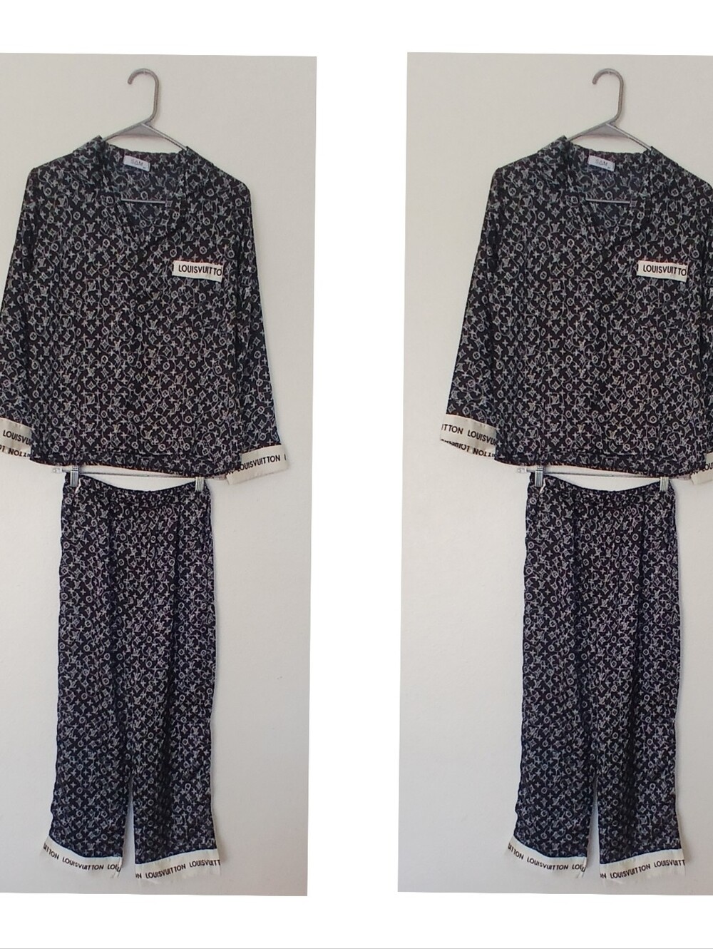 Black Shirt with White Monogram Print Black Pants LV Logo Size 00 Not Authentic